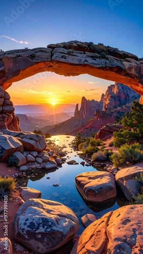A serene desert landscape featuring a natural stone arch over a reflective pool at sunset