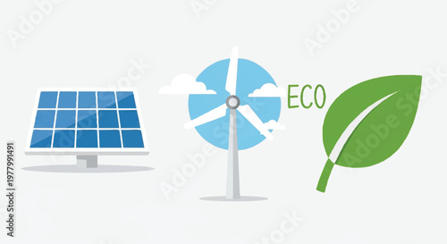 Eco friendly energy concept with solar panel, wind turbine and green leaf symbol