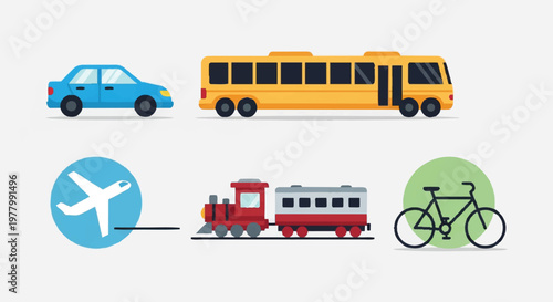 Transportation modes icons set including car, bus, train, airplane, and bicycle for travel