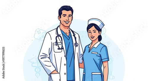 Medical professionals, doctor and nurse, healthcare workers, vector illustration, blue scrubs, white coat
