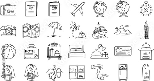 Travel and Hospitality Hand-Drawn Black and White Line Art Icons Set. Doodle Style Collection of Vacation, Hotel, and Tourism Objects.