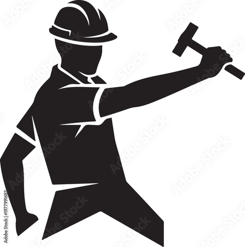 Construction worker in action with hammer and hard hat
