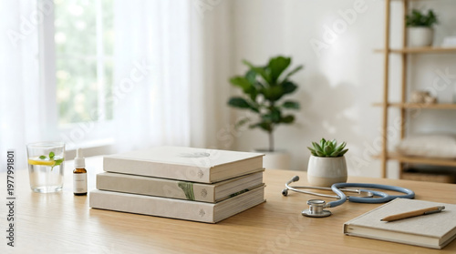 Calm healthcare professional's desk with stethoscope, natural remedies, books, and plants, representing holistic study and wellness