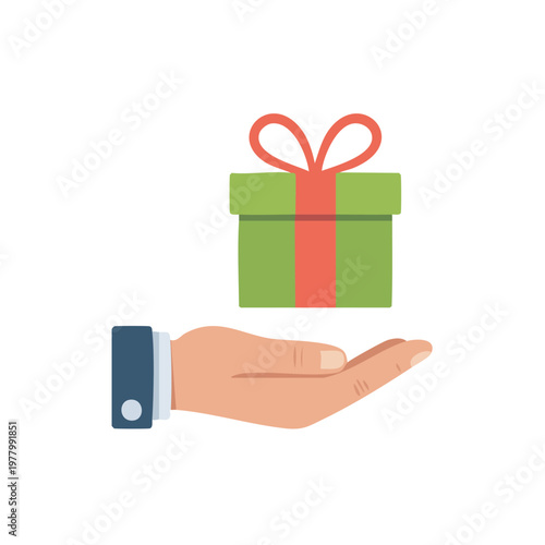 hand holding green gift box with red ribbon