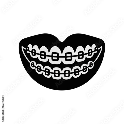 Black and white illustration of smiling lips with dental braces