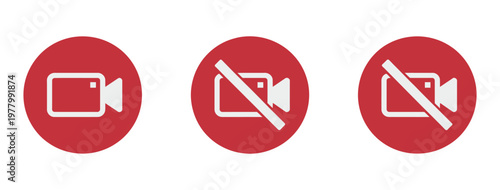 Camera no video outline icon, red circle webcam recording restriction symbol vector illustration isolated on white background, clean minimal design.