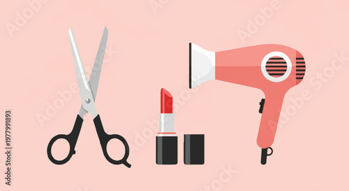 Beauty tools and cosmetics on a pastel pink background for makeup and hairstyle