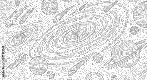 Intricate Line Art Universe Illustration with Galaxies, Planets, and Comets. Detailed Cosmic Black and White Space Background.