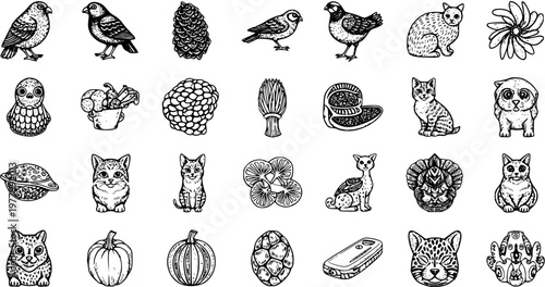 Nature, Animals, Food, and Everyday Objects Black and White Line Art Icons Collection