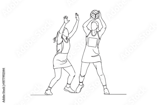 Professional women playing netball match continuous line drawing.
