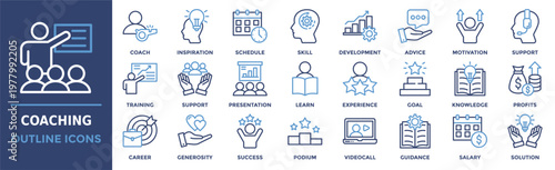 Coaching icon collection set. Containing coach, inspiration, schedule, skill, development, advice, motivation and more. Outline vector icons collection