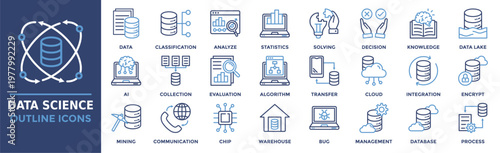 Data Science icon collection set. Containing data, classification, analyze, statistics, solving, decision, knowledge and more. Outline vector icons collection