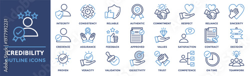 Credibility icon collection set. Containing integrity, consistency, reliable, authentic, commitment, respect, reliance and more. Outline vector icons collection