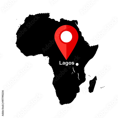 Africa continent map with Lagos Nigeria location pin highlighting geographical position