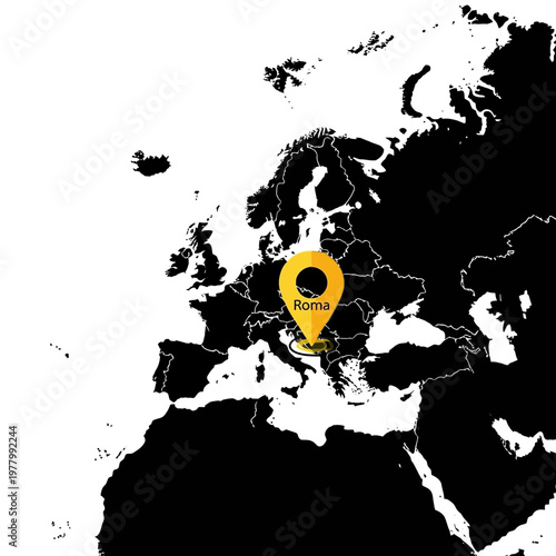 Europe map highlighting Rome in golden location marker, travel destination concept location