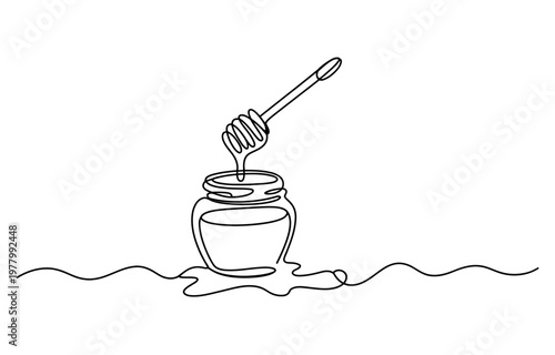 Continuous line drawing of a honey jar with a honey dipper