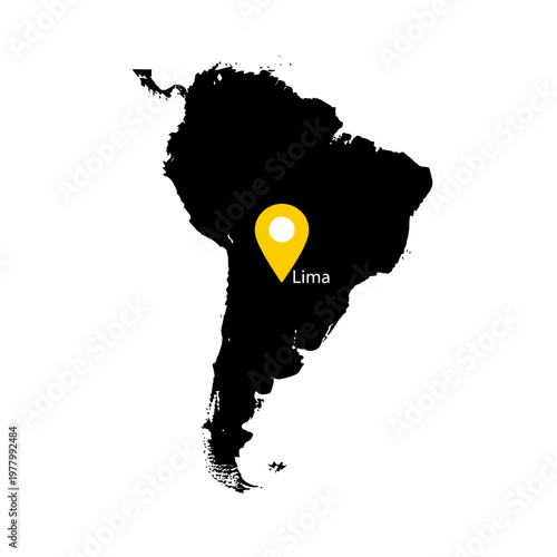 South America continent silhouette with Lima location pin for travel and tourism design
