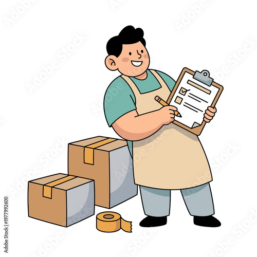 Organized small business owner reviewing a packing checklist beside prepared boxes in friendly cartoon flat vector style for shipping workflow on white isolated background