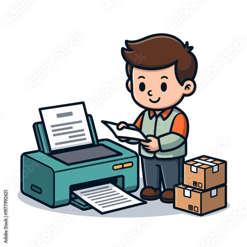 Small business seller printing a shipping document beside packed boxes in a clean fulfillment workflow cartoon flat vector illustration on white isolated background