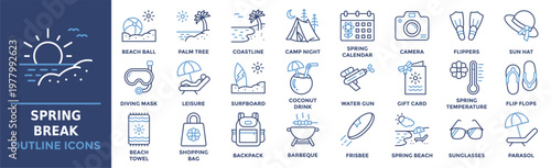 Spring Break icon collection set. Containing ball, palm, coastline, camp night, calendar, camera, temperature and more. Outline vector icons collection