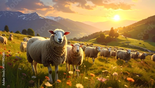 A serene flock of sheep grazing in a lush green meadow