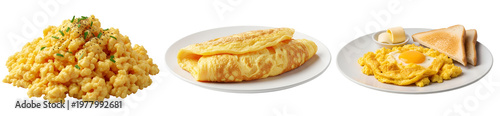 A delicious plate of scrambled eggs and omelets on transparent background