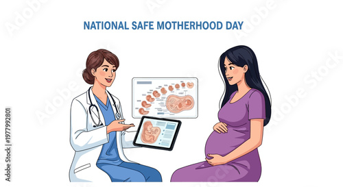 In a softly colored vector illustration, a healthcare worker explains prenatal care using a tablet to a pregnant woman, set against a clean white background for safe motherhood awareness