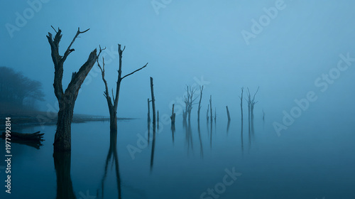 Eerie dead trees stand in a misty and calm lake at dawn