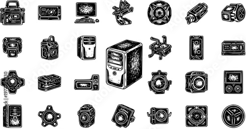 Technology  Electronics Engraved Icons Set. Vintage Black  White Hand-Drawn Collection of Computers, Cameras, Media Devices, and Gadgets for Computing Industry.
