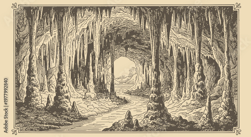 Vintage Engraving of a Majestic Natural Cave with Stalactites, Stalagmites, and an Underground River Flowing Towards Light