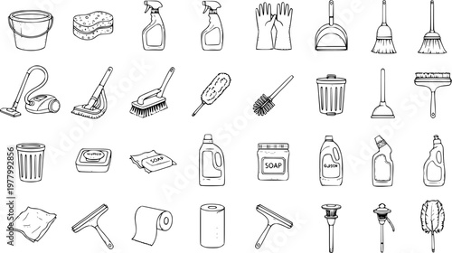 Black and White Line Art Icons of Cleaning Supplies and Tools for Household Chores