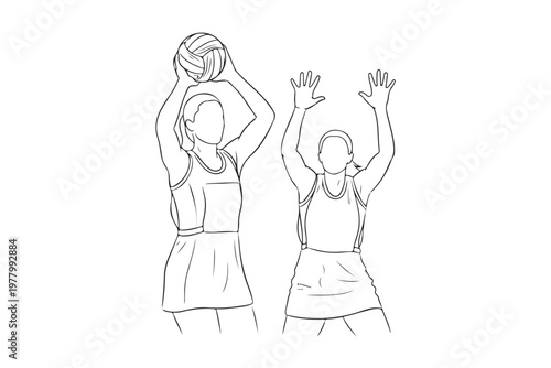 Two women are playing netball, one is throwing the ball while other defends, simple line drawing. Vector illustration