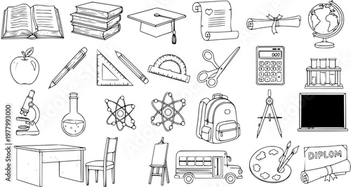 Hand Drawn Black and White Line Art Education Icons Set - School Supplies and Academic Learning Objects Sketch Collection