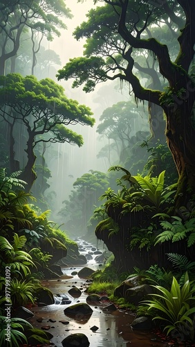 A serene forest landscape with lush greenery and a gentle stream