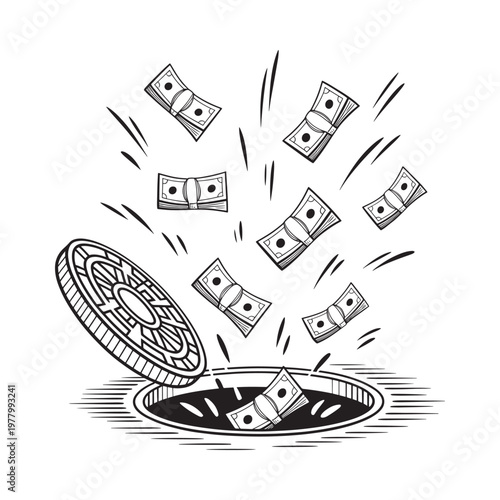 Money falling into an open sewer drain depicting financial loss