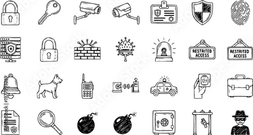 Security and Protection Icons: Padlock, Key, Camera, Shield, Fingerprint, Dog, Bomb