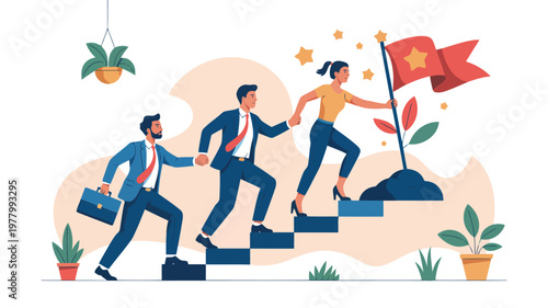 A collaborative team of business professionals climbs steps together, aiming for a flag of victory
