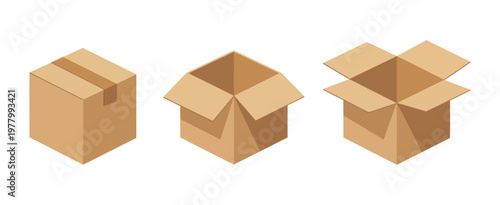 Cardboard box mockups, open and closed shipping cartons with breakable signs, vector illustration isolated on white background, professional packaging design.