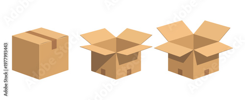 Cardboard box mockups, open and closed shipping cartons with breakable signs, vector illustration isolated on white background, professional packaging design.