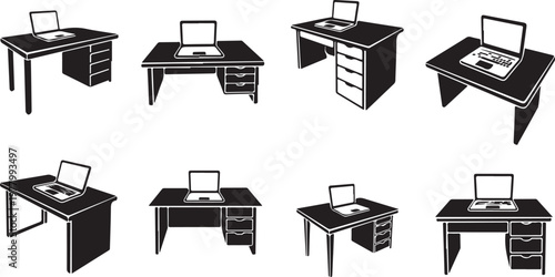 Eight different office desks with computers and drawers illustration