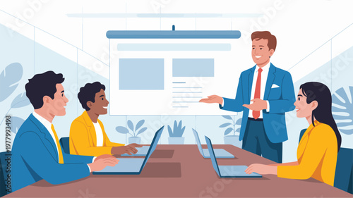 A confident business leader delivers an engaging presentation to a diverse team of employees in a modern office