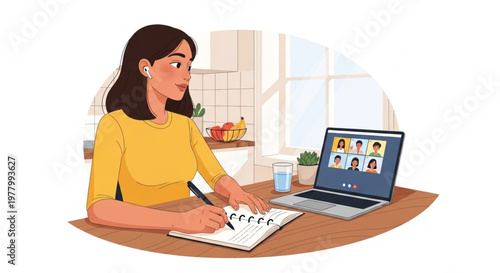 Focused Woman Multi-Tasking with Laptop and Notebook at Home