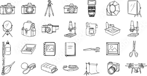 Photography Equipment Hand-drawn Sketch Line Art Vector Icons. Studio Tools, Camera Gear, and Darkroom Accessories Doodles Collection.