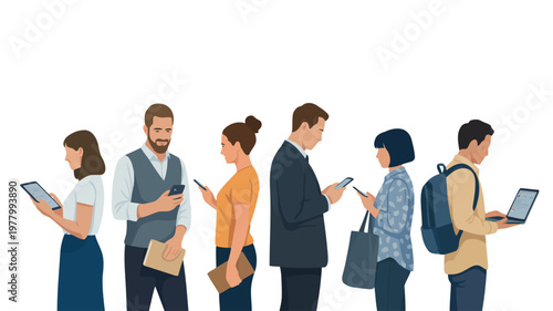 A diverse group of six people actively uses various digital devices including smartphones, tablets, and a laptop