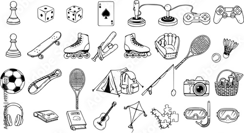 Black and White Line Art Icons Set: Hand-Drawn Collection of Hobbies, Sports, Games, Outdoor Activities, and Recreational Equipment Elements