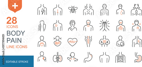 Body pain line icons set featuring medical symptoms, muscle ache, headache, joint pain and healthcare outline editable stroke vector collection