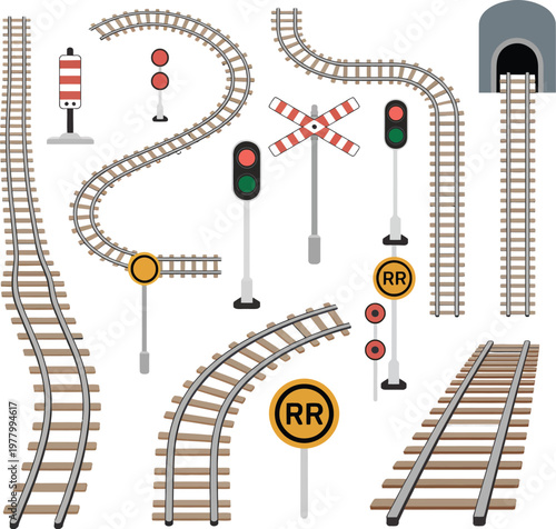 Railway Structural Elements Vector Collection, Cartoon Style Set of Tracks, Signals, Bridges, and Infrastructure Components for Transportation and Rail Design Illustration