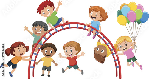 Happy kids playing on playground climbing frame with balloons colorful cartoon children illustration for school activity fun and friendship concept