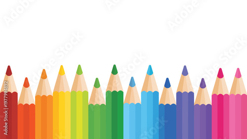 Colored pencils border vector illustration, vibrant pencil frame on white background with copy space for text, creative school and art design.