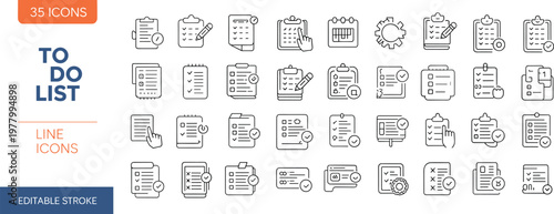 To do list line icons set featuring checklist tasks, planning notes, task management, productivity tools, and workflow organization editable stroke vector collection